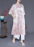Momentlover Elegant Pink O-Neck Print Tassel Silk Long Dress Half Sleeve LY1972