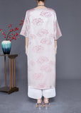 Momentlover Elegant Pink O-Neck Print Tassel Silk Long Dress Half Sleeve LY1972