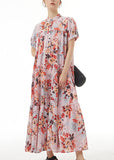 Momentlover Elegant Pink Stand Collar Wrinkled Print Patchwork Chiffon Dress Summer LY1274