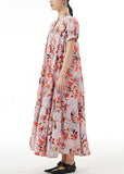 Momentlover Elegant Pink Stand Collar Wrinkled Print Patchwork Chiffon Dress Summer LY1274