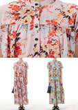 Momentlover Elegant Pink Stand Collar Wrinkled Print Patchwork Chiffon Dress Summer LY1274