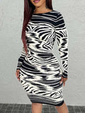 Momentlover Round Neck Zebra Striped Bodycon Dress AT9679