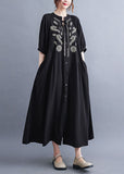 Momentlover Fashion Black Embroideried Lace Up Cotton Maxi Dress Summer LY1549