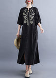Momentlover Fashion Black Embroideried Lace Up Cotton Maxi Dress Summer LY1549