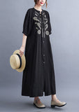 Momentlover Fashion Black Embroideried Lace Up Cotton Maxi Dress Summer LY1549