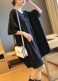 Momentlover Fashion Black Oversized Patchwork Pleated Mid Dress Half Sleeve LY1464