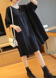 Momentlover Fashion Black Oversized Patchwork Pleated Mid Dress Half Sleeve LY1464