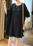 Momentlover Fashion Black Oversized Patchwork Pleated Mid Dress Half Sleeve LY1464