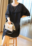 Momentlover Fashion Black Oversized Patchwork Pleated Mid Dress Half Sleeve LY1464
