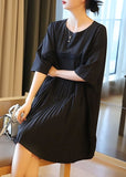 Momentlover Fashion Black Oversized Patchwork Pleated Mid Dress Half Sleeve LY1464