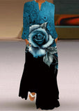 Momentlover Fashion Blue V Neck Print Chiffon Ankle Dress Spring LY1926