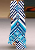 Momentlover Fashion Blue V Neck Print Chiffon Ankle Dress Spring LY1926