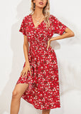 Momentlover Fashion Red V Nec Print Long Dress Summer LY1959