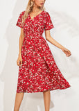 Momentlover Fashion Red V Nec Print Long Dress Summer LY1959