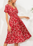 Momentlover Fashion Red V Nec Print Long Dress Summer LY1959