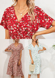 Momentlover Fashion Red V Nec Print Long Dress Summer LY1959