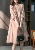 Momentlover Fitted Pink Stand Collar Button Linen Maxi Dresses Spring LY1745
