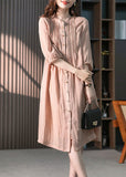 Momentlover Fitted Pink Stand Collar Button Linen Maxi Dresses Spring LY1745
