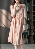 Momentlover Fitted Pink Stand Collar Button Linen Maxi Dresses Spring LY1745