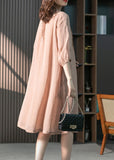 Momentlover Fitted Pink Stand Collar Button Linen Maxi Dresses Spring LY1745