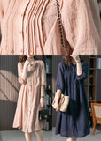 Momentlover Fitted Pink Stand Collar Button Linen Maxi Dresses Spring LY1745