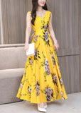 Momentlover Fitted Yellow V Neck Print Chiffon Long Dress Summer LY1769