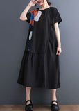 Momentlover French Black O-Neck Patchwork Wrinkled Cotton Party Dress Summer LY1576