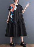 Momentlover French Black O-Neck Patchwork Wrinkled Cotton Party Dress Summer LY1576
