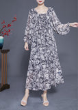 Momentlover French Black Square Collar Oversized Print Chiffon Long Dress Lantern Sleeve LY1914