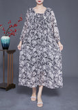 Momentlover French Black Square Collar Oversized Print Chiffon Long Dress Lantern Sleeve LY1914