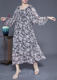 Momentlover French Black Square Collar Oversized Print Chiffon Long Dress Lantern Sleeve LY1914