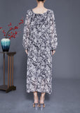 Momentlover French Black Square Collar Oversized Print Chiffon Long Dress Lantern Sleeve LY1914
