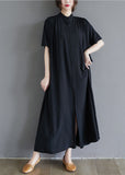Momentlover French Black Stand Collar Oversized Cotton Long Dress Summer LY1565