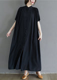 Momentlover French Black Stand Collar Oversized Cotton Long Dress Summer LY1565
