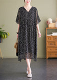 Momentlover French Black V Neck Hooded Print Chiffon Dress Summer LY1567