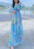 Momentlover French Blue O-Neck Print Chiffon Long Holiday Dress Spring LY1799