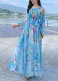 Momentlover French Blue O-Neck Print Chiffon Long Holiday Dress Spring LY1799