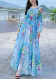 Momentlover French Blue O-Neck Print Chiffon Long Holiday Dress Spring LY1799
