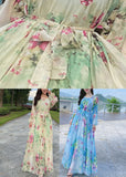 Momentlover French Blue O-Neck Print Chiffon Long Holiday Dress Spring LY1799