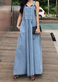 Momentlover French Blue Wrinkled Patchwork Denim Long Dress Sleeveless LY1746