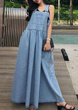 Momentlover French Blue Wrinkled Patchwork Denim Long Dress Sleeveless LY1746