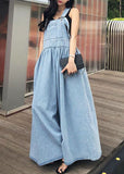 Momentlover French Blue Wrinkled Patchwork Denim Long Dress Sleeveless LY1746