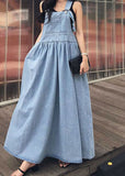 Momentlover French Blue Wrinkled Patchwork Denim Long Dress Sleeveless LY1746