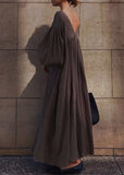 Momentlover French Brown V Neck Backless Lace Up Cotton Long Dress Lantern Sleeve LY1769