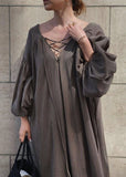 Momentlover French Brown V Neck Backless Lace Up Cotton Long Dress Lantern Sleeve LY1769