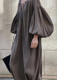 Momentlover French Brown V Neck Backless Lace Up Cotton Long Dress Lantern Sleeve LY1769