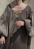 Momentlover French Brown V Neck Backless Lace Up Cotton Long Dress Lantern Sleeve LY1769
