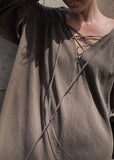 Momentlover French Brown V Neck Backless Lace Up Cotton Long Dress Lantern Sleeve LY1769