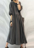 Momentlover French Grey Oversized Patchwork Drawstring Wrinkled Cotton Dress Half Sleeve LY1765