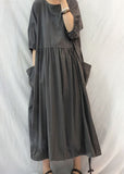 Momentlover French Grey Oversized Patchwork Drawstring Wrinkled Cotton Dress Half Sleeve LY1765